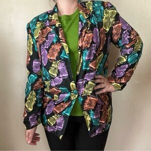 Carol Horn Vintage 100% Silk Allover Feather Print Blazer Multicolor